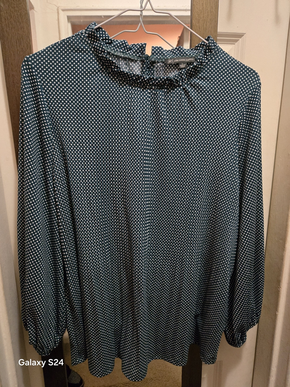Adrianna Papell Teal Polka Dot Ruffle-Neck Blouse